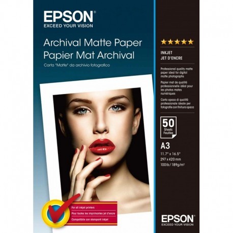 EPSON PAPEL MATE LARGA DURACION (ARCHIVAL MATTE PAPER) A3, 50 HOJAS DE 189G.