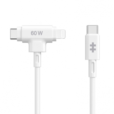 HYPER SILICONE USB-C TO USB-C AND LIGHTNING HYBRID 60W CABLE - WHITE