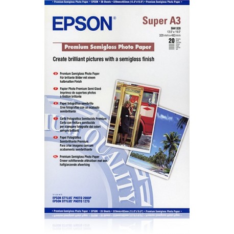 EPSON PAPEL FOTOGRAFICO SEMIBRILLO (PREMIUM SEMIGLOSSY PHOTO) A3+, 20 HOJAS - 250G.